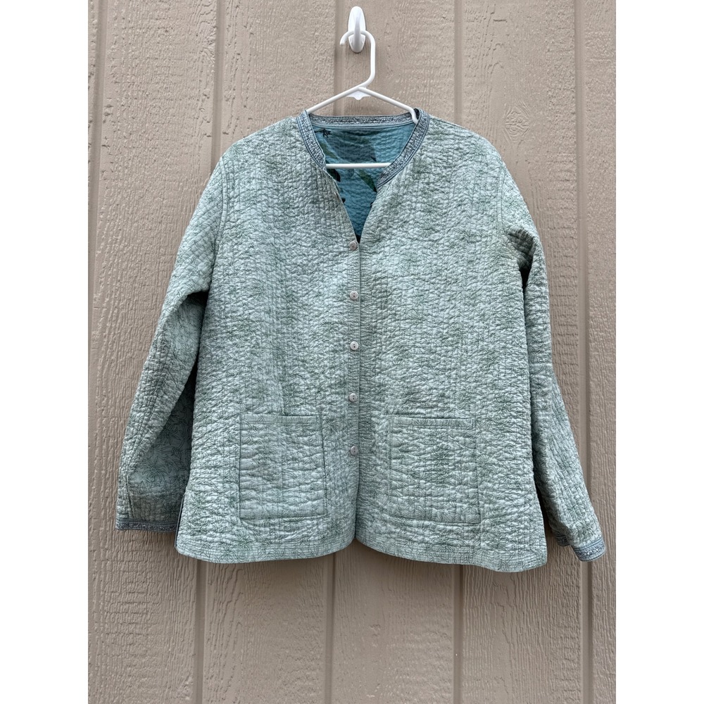 Norm Thompson XL Quilted Jacket Reversible Floral Cotton Vintage Teal Sage